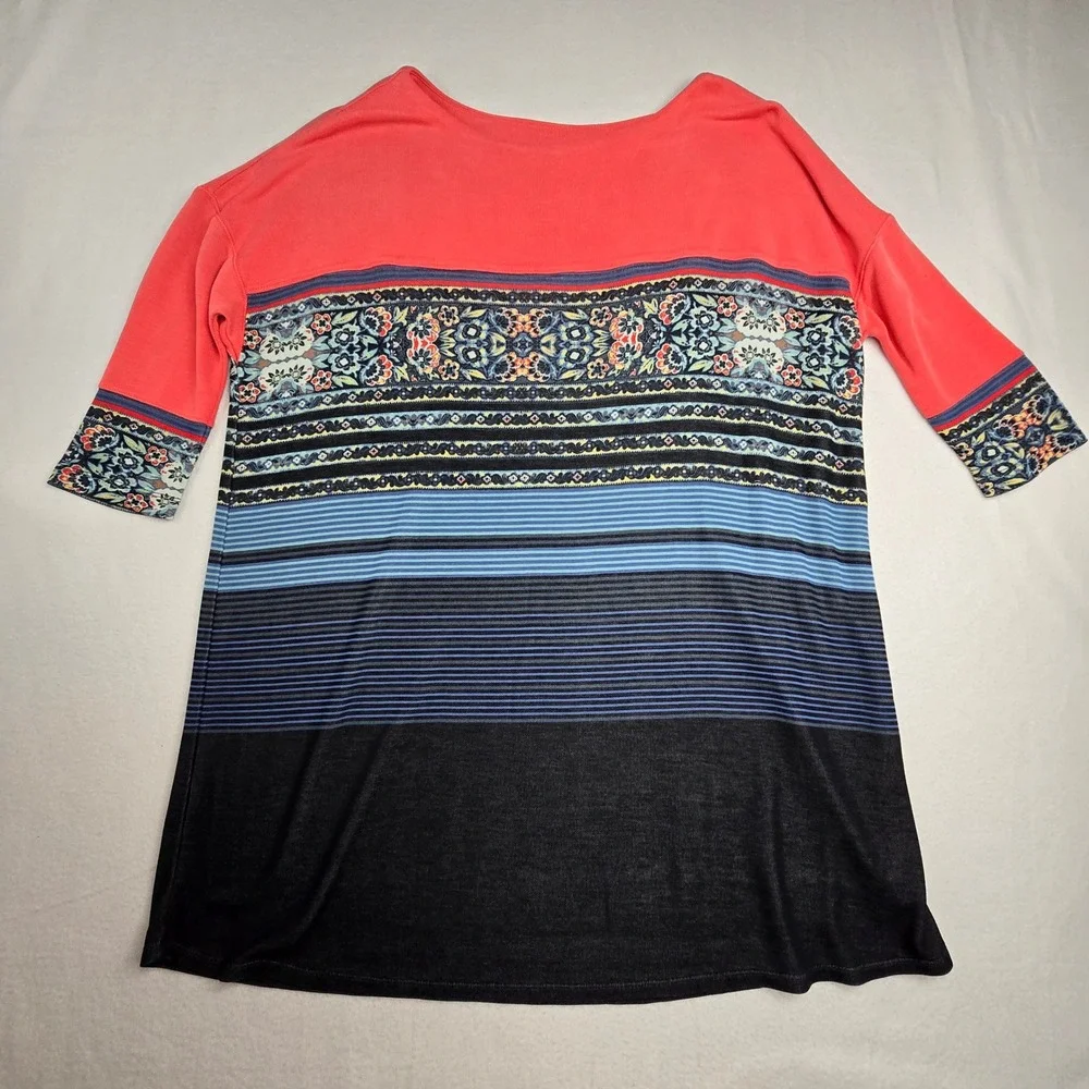 Free People Steppin Out Coral Boho Paisley Stripe 3/4 Sleeve Tunic Dress Size M